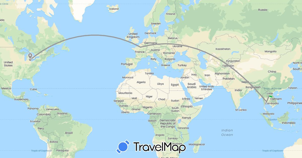 TravelMap itinerary: driving, bus, plane in France, Laos, Thailand, United States (Asia, Europe, North America)
